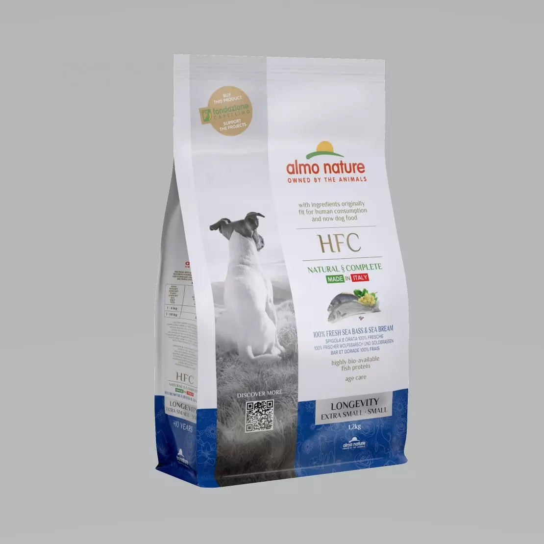 Almo Nature HFC Longevity Dry Food for Extra Small/ Small Adult Dogs - 100% Fresh Sea Bass & Sea Bream- 1.2 Kg